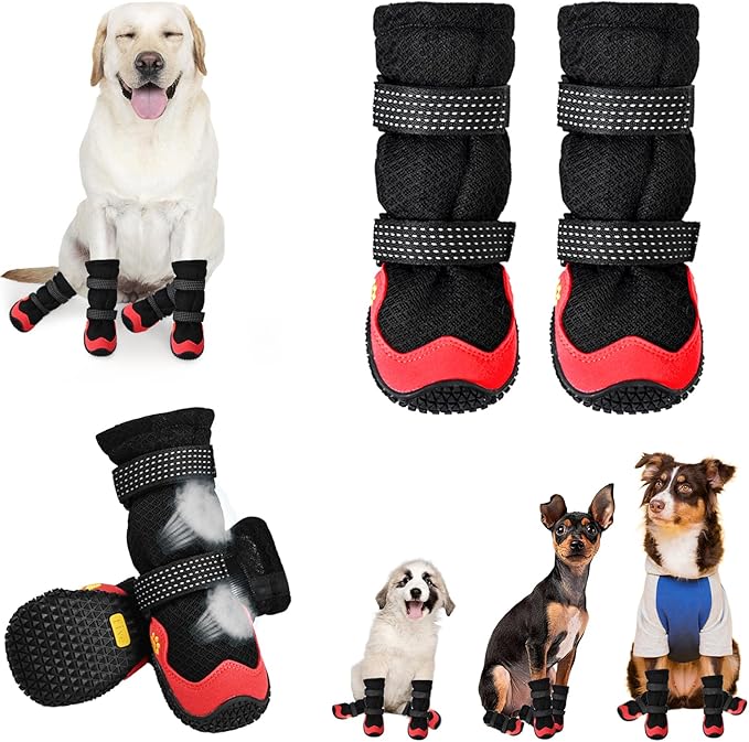 Dog Shoes for Medium Large Size Dogs, Breathable Dog Shoe for Hot Pavement, Dog Booties and Paw Protectors to Prevent Licking, Anti-Slip Dog Boots with Reflective for Summer, Hiking, Snow (Size 4)