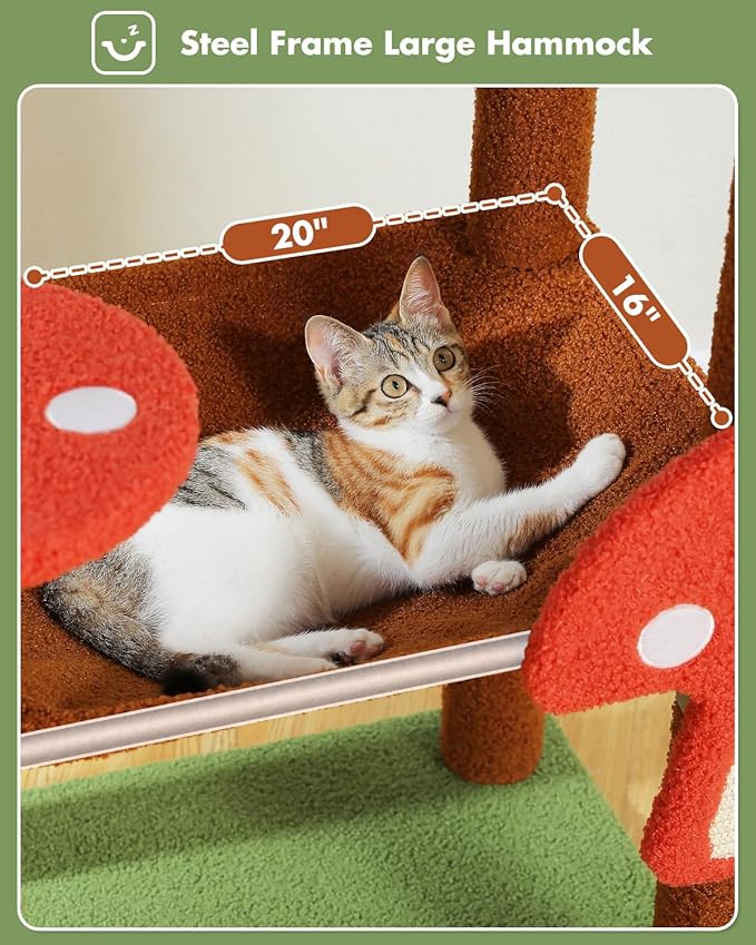 Mushroom Cat Tree Tower with Removable Scratcher, Large Hammock, Condo, Perch, 3 Sisal Posts – Multi-Level Cat Tree for Indoor Cats, Cute Cat Tower for Small Space Homes