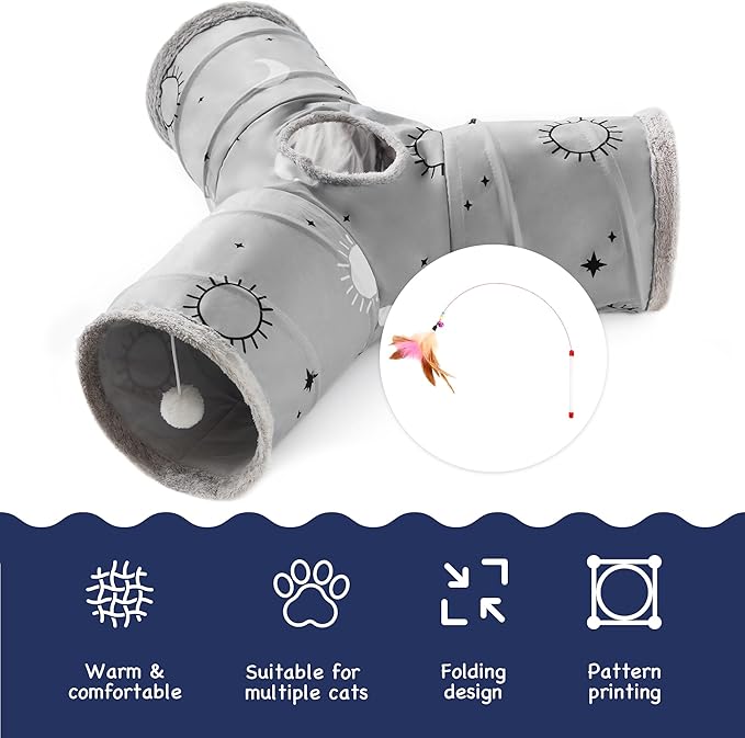 Tempcore Pet Cat Tunnel Tube Cat Toys 3 Way Collapsible, Cat Tunnels for Indoor Cats Fleece-Lined in for Warmth，Kitty Tunnel Bored Pet Toys Peek Hole Toy Ball Puppy, Kitten, Rabbit Gray Sun