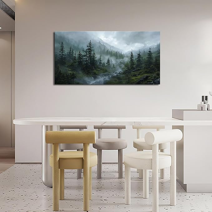 Large Forest Wall Art Nature Misty Mountain Canvas Living Room Tree Landscape Pictures Framed Prints Oversize Wall Decor Painting Artwork for Bedroom Dining Home 60"x30"