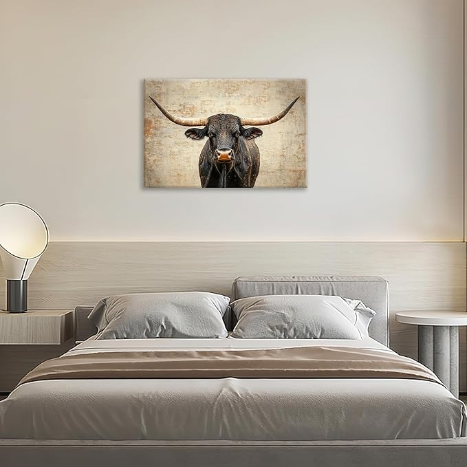 Rustic Highland Cow Pictures Wall Art, Farmhouse Longhorn Bull Bathroom Wall Decor Black Cow Framed Painting Canvas Artwork for Bathroom Bedroom Living Room Decorations 24"L x 16"W