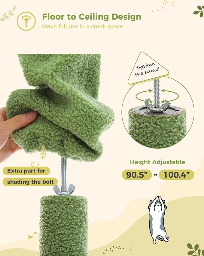 PEQULTI Tall Cat Tree, Floor to Ceiling Cat Tree Tower Adjustable [90.5''-100.4''=230-252CM] with Cat Condo, Cat Hammock and Scratching Post, Climbing Tree for Indoor Large Cats, Green