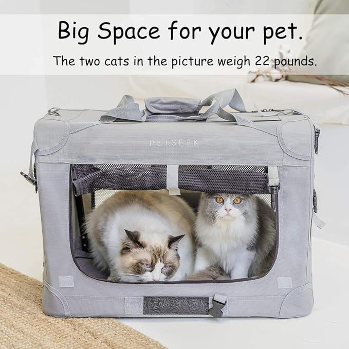 Extra Large Cat Carrier Soft Sided, Portable Small Dog Carrier for 2 Cats, 24"x16.5"x16" Car Travel Folding Comfortable Design with Bowl, Grey