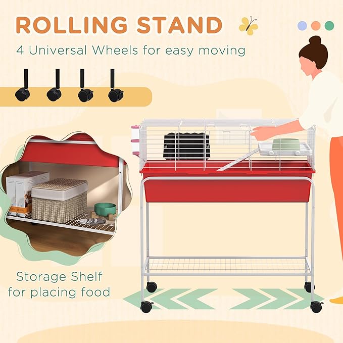 PawHut Two-Story Small Animal Cage Removable from Stand, Guinea Pig Cage with Shelf & Wheels, Pet Habitat for Hedgehog, Chinchilla, Ferret, 33" x 18.5" x 35", Red