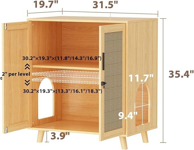 Lovinouse Large Cat Litter Box Enclosure,Hidden Kitty Litter Furniture with Sisal Covered Doors,2-Layer Wooden Cat Washroom Cabinet w/Adjustable Shelf,Side Table for Living Room,Natural