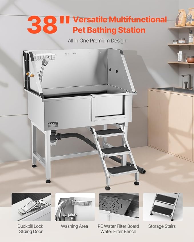 VEVOR Stainless Steel Dog Washing Station, 38 inch Pet Grooming Tub w/Storage Stairs, Faucet & Showerhead & Soap Holder Dog Bathtub for Medium & Small Pets (Right Door)