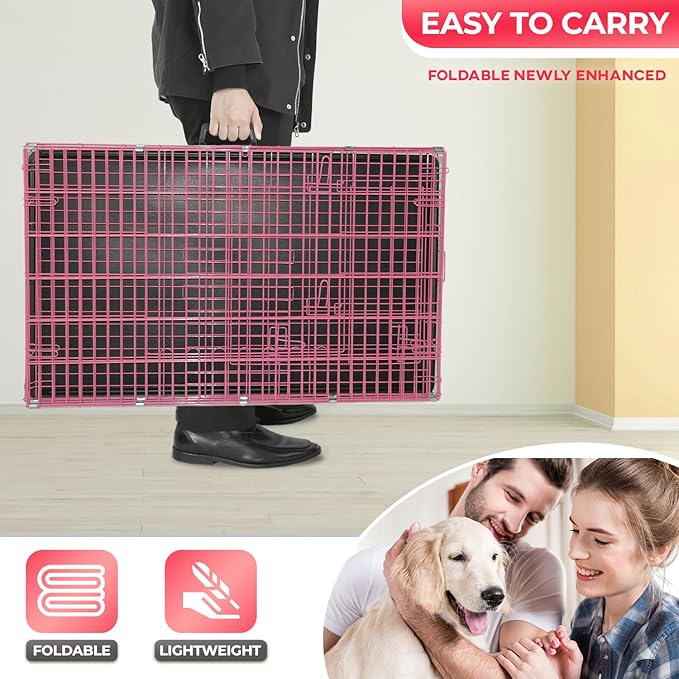FDW Dog Crate for Large Dogs 48 Inch Folding Metal WirePet Cage Double Door W/Divider Panel Indoor Outdoor Kennel Leak-Proof Plastic Tray,Pink