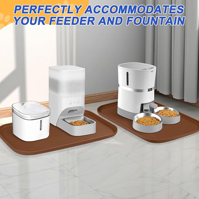 Silicone Pet Feeding Mat with Raised Edge for Food and Water, Dog Bowl Mats, Cat Bowls Placemat with High Lip for Floor Waterproof, Rubber Tray for Cats and Dogs 24 x 16 x0.8 Brown