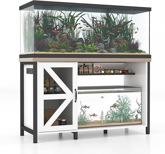 Verano 55-75 Gallon Aquarium Stand with Cabinet, Fish Tank Cabinet with Power Outlets & LED Light, Modern Turtle Tank Stand 52 inch x 19.7-inch Desktop, Heavy Duty Metal Frame,1100LBS Capacity (White)