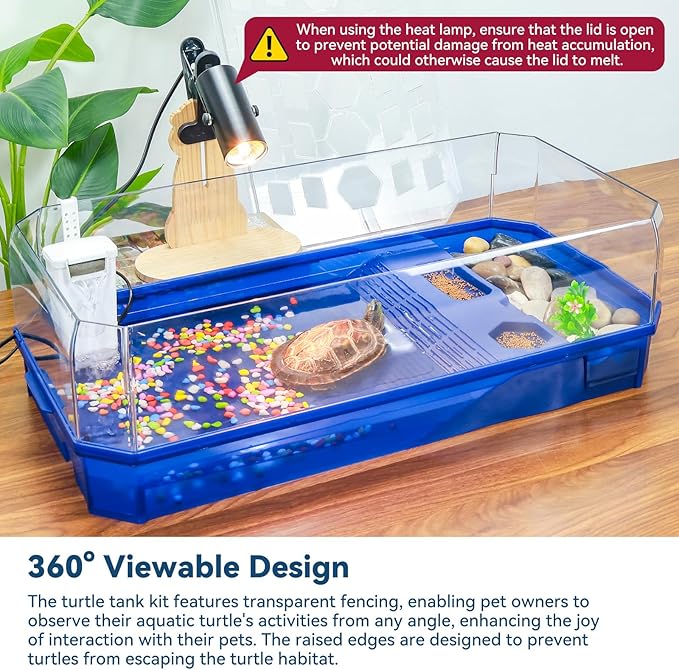 Aquatic Turtle Tank Habitat Kit Stone+Filter+Heat Lamp Enhancing Interaction with 360° Viewing, Standalone Filtration, DIY Creative Zone, Enriched Living (Blue, Large[with Light])