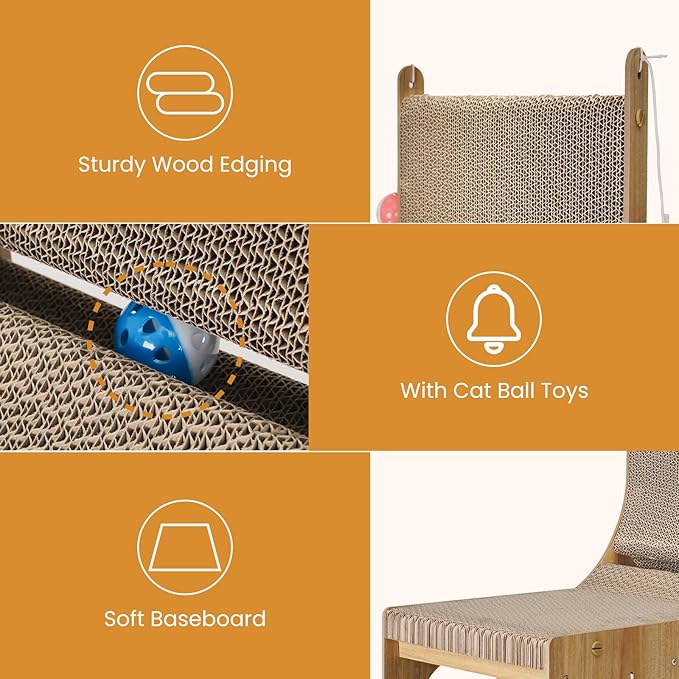 Cat Scratcher, Double Layer Cat Scratching Board, L Shaped Vertical Cat Scratcher for Wall and Couch Protection, Cat Cardboard Scratcher with 5 Ball Toys for Indoor Cats