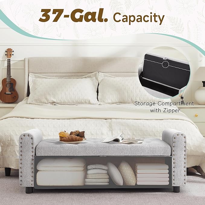 Ottoman with Storage, Tufted Storage Bench for Bedroom, 48" Fabrics End of Bed Bench, Upholstered Entryway Shoe Benches with Rolled Arm & Inner Zipper, Window Ottomans Chest with Rivets, Light Grey