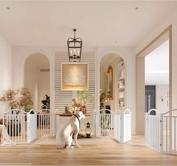 BHG Metal No-Assembly Freestanding Dog Gate with Door Walk Through, Extra Wide 96", Extra Tall 32" Pet Gate, Accordion Puppy Folding Playpen Dog Fence for Indoor & Outdoor, with 2PCS Support - White