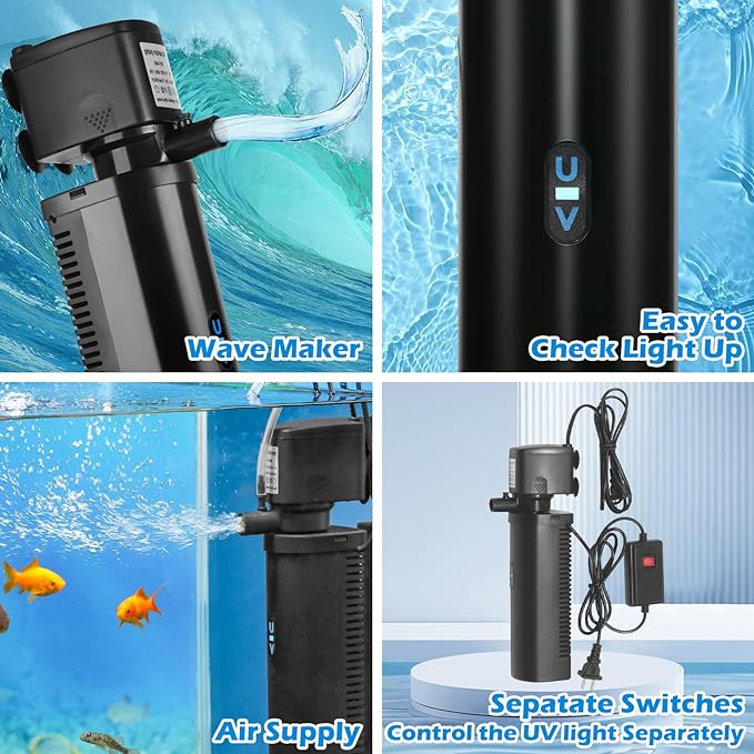 TARARIUM Aquarium Filter U-V for 20-75 Gallon, 200GPH Fish Tank Filter w/ 5W U-V Light Green Clean Machine Submersible Powerful Pump Internal Filter for Turtle Tank Saltwater Freshwater Crystal Clear