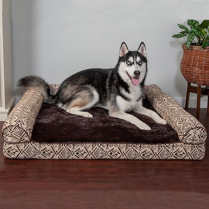 Furhaven Orthopedic Dog Bed for Large Dogs w/ Removable Bolsters & Washable Cover, For Dogs Up to 95 lbs - Plush & Southwest Kilim Woven Decor Sofa - Desert Brown, Jumbo/XL