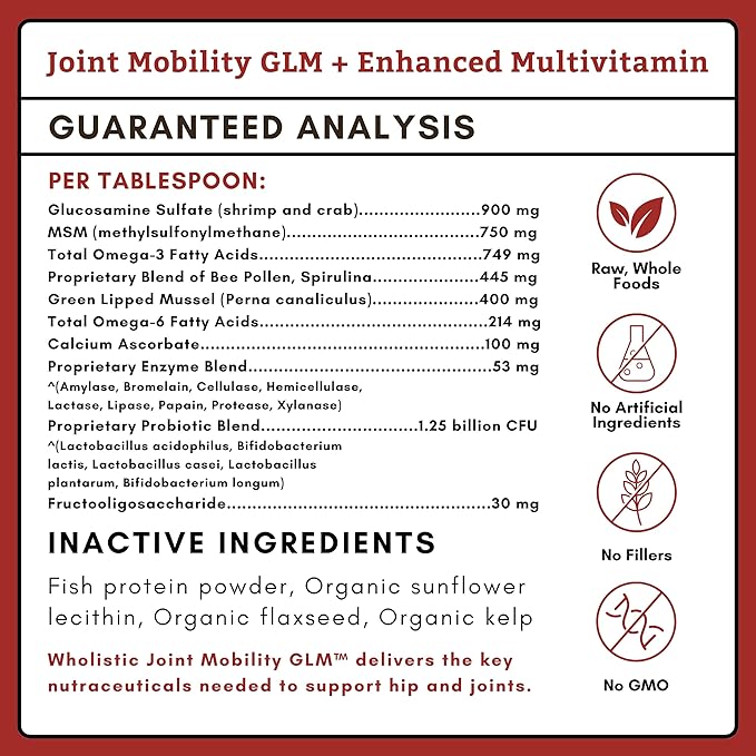 Wholistic Pet Organics Joint Mobility GLM - 1 Lb - Glucosamine for Dogs Chondroitin Supplement Green Lipped Mussels - Joint Supplement for Dogs - Arthritis Pain Reliever for Large & Small Breeds