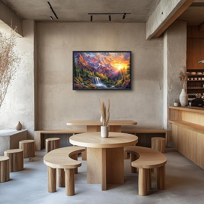 Large Mountain Tree Wall Art for Living Room, Framed Oversized Sunset Waterfall Wall Decor Nature Landscape Canvas Painting Modern Artwork for Living Room Bathroom Bedroom Office Dining Room 36"x24"