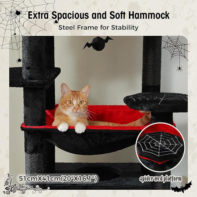 PAWZ Road Large Cat Tree, 72 Inches Gothic Cat Tower for Large Cats, Cat Condo with Sisal-Covered Scratching Posts and Pads, 2 Padded Perch, Dual Condo and Basket for Indoor Cats-Black