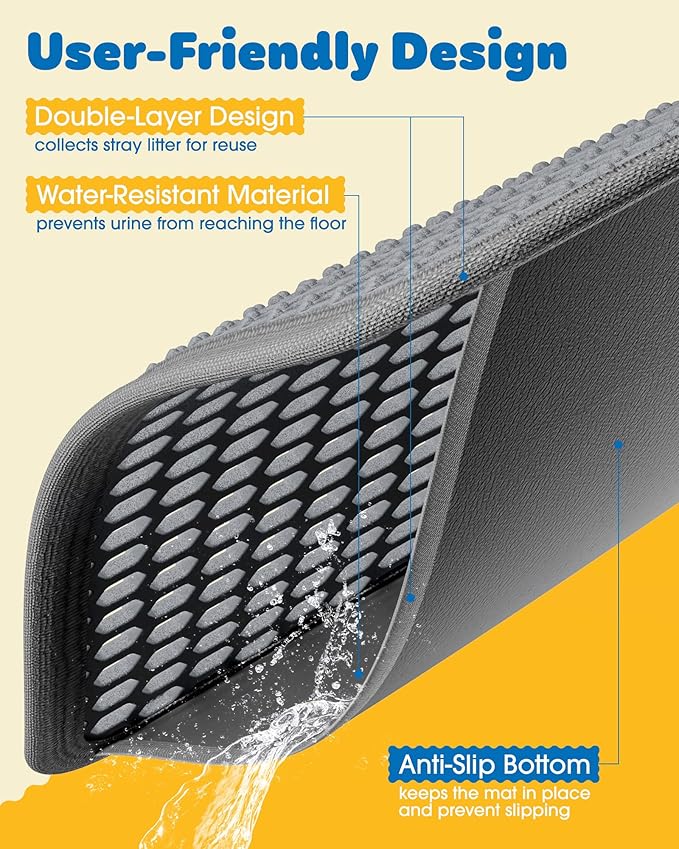 35" x 30" Cat Litter Mat - Ultra-Large Litter Box Mat with Double Layers, Urine-Proof and Non-Slip Litter Trapping Mat, Easy to Clean Kitty Litter Mats for Floor, Scatter Control, Grey