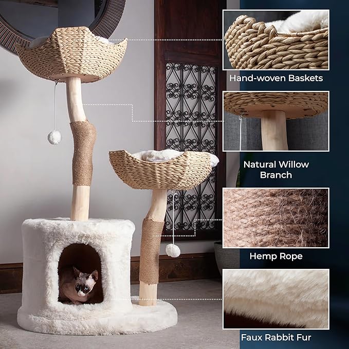 The Bungalow Cat Tree - Luxury Cat Condo, Large Modern Indoor Tower with 2 Faux Fur Beds, Scratching Posts, Toys, and Den for Cats, 23.5-Inch Width x 18-Inch Depth x 43-Inch Height