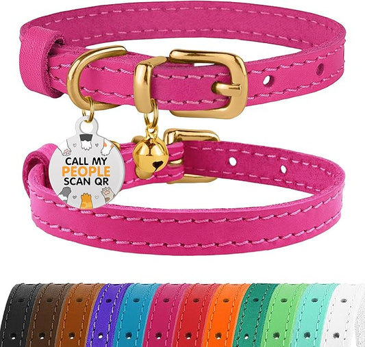 BRONZEDOG Leather Cat Collar with Removable Bells Non Breakaway Kitten QR Tag for Girl Boy (9" - 12" Cats/Mini Dogs, Pink & Gold)