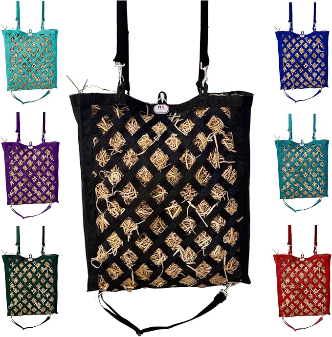 Majestic Ally Premium Nylon Hay Bag for Horses and Livestock, Simulates Grazing, Slow Feeding, Heavy-Duty PP Webbing,Quick-Adjust Straps, Small Hole for Digestion, Multiple Colors (Black)