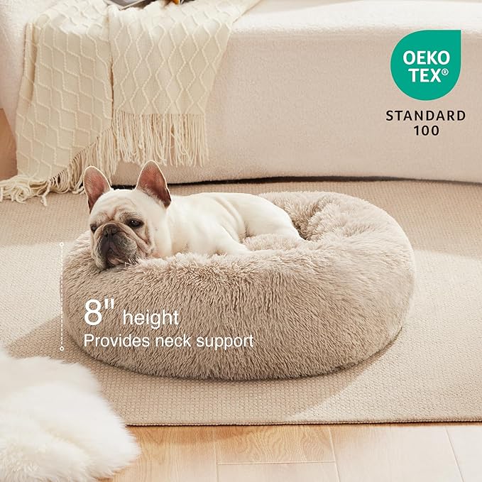 Love's Cabin Calming Dog & Cat Bed, Anti-Anxiety Donut Round for Indoor Cats, Small Medium Dogs, Fluffy Warming Pet Bed, Beige Taupe 20"/24"