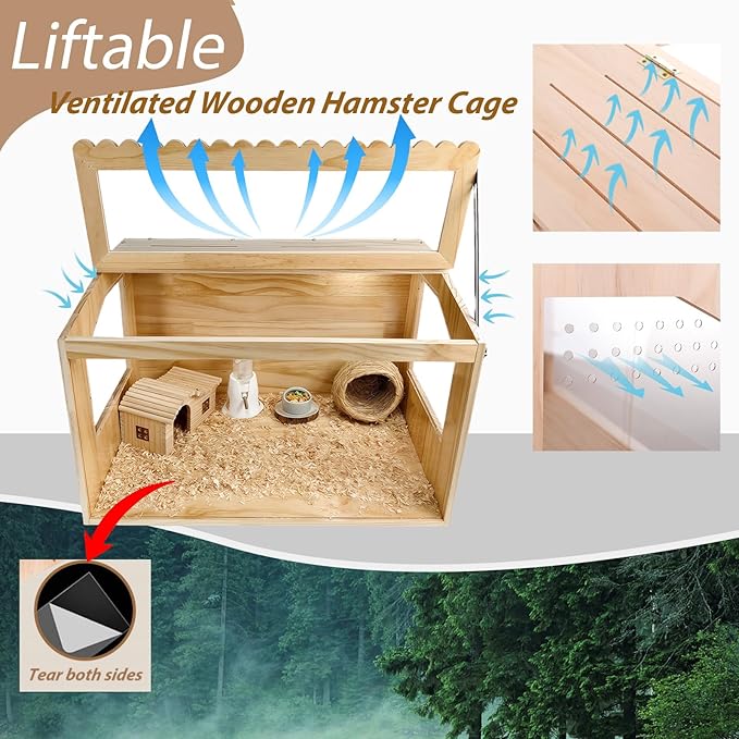 Wooden Hamster Cage, 24" Lx16 Wx16 H,Guinea Pig Cage, Small Animal Cage for Dwarf Syrian Hamsters Degus Mice & Other Small Pets. Hamster Habitat with Openable Top and Large Acrylic Sheets