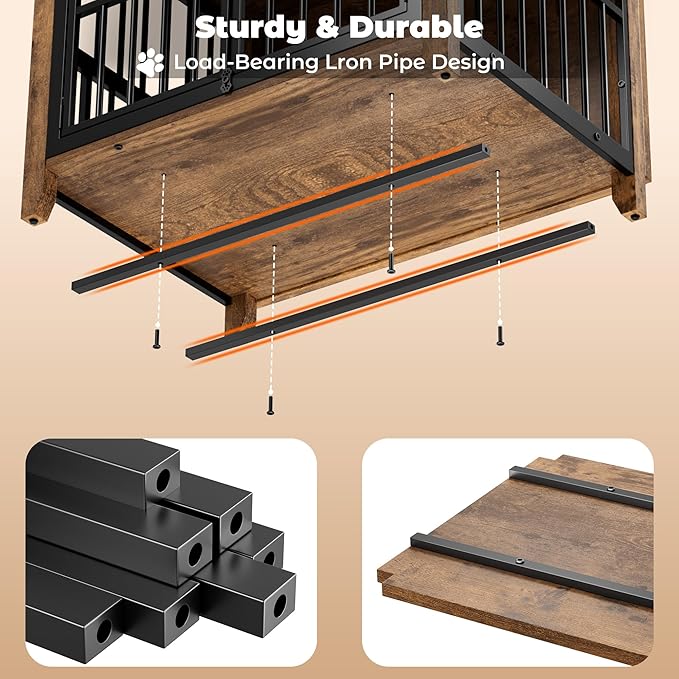 Lulive Dog Crate Furniture, Wooden Dog Kennel Indoor with Adjustable 360°& Height Dog Bowls, Double Doors Furniture Dog Crates End Table for Small/Medium 31.5" L*22.5" W*25.6" H, Brown