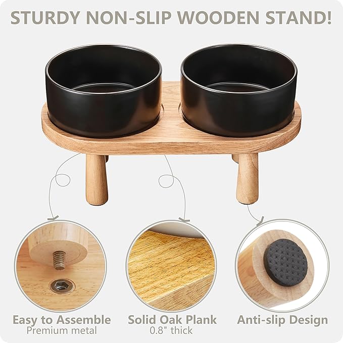 Ceramic Elevated Dog Bowls, Pet Food and Water Bowl Set for Small Dogs and Cats, 1.7 Cups Elevated Cat Bowls with Wood Stand, 14OZ, Black