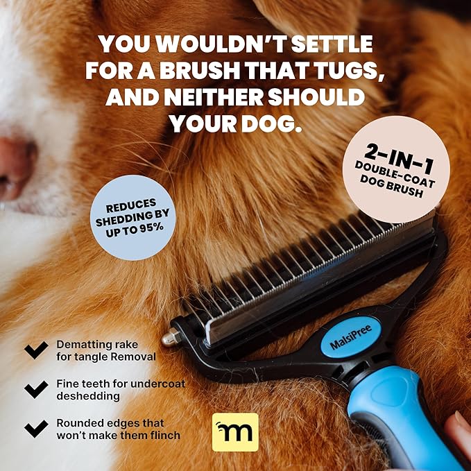 MalsiPree Dog Brush for Shedding - 2 in 1 Undercoat Rake Deshedding Tool for Medium to Large Double-Coated Dog Grooming - Pet Dematting Comb - Pet Deshedder (Blue)