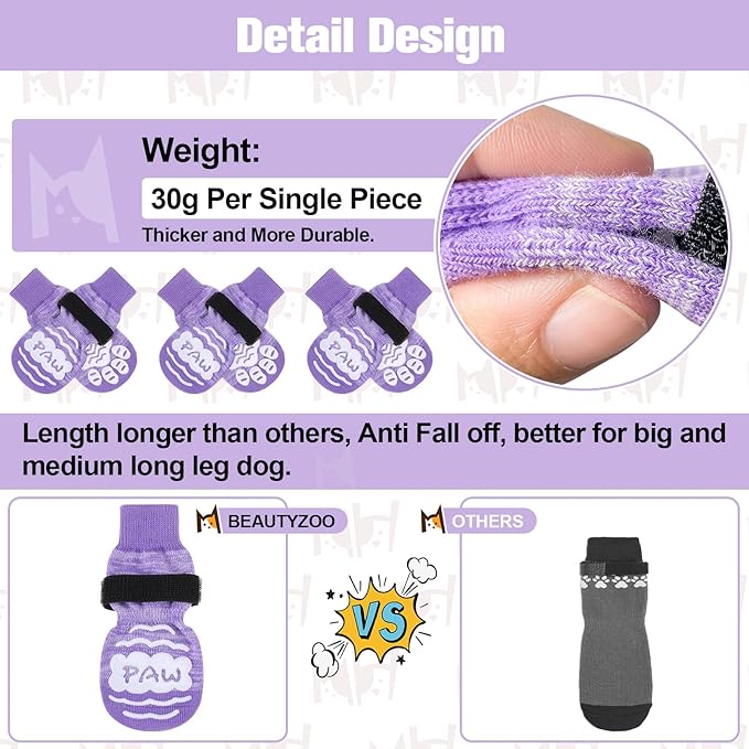 BEAUTYZOO Anti Slip Dog Socks for Small Medium Large Dogs with Grips Straps on Hardwood Floor Protection Wear, Traction Control 4 Pairs Double Side Paw Protector to Prevent Licking for Girl or Boy