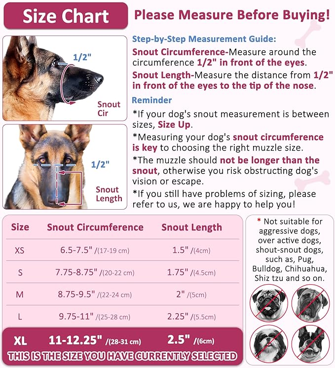 LUCKYPAW Soft Muzzle for Medium Large Sized Dogs Beagle Labrador German Shepherd, Dog Muzzle to Prevent Biting Chewing, Adjustable Breathable Mouth Guard for Grooming Walking Training(Hot Pink, XL)