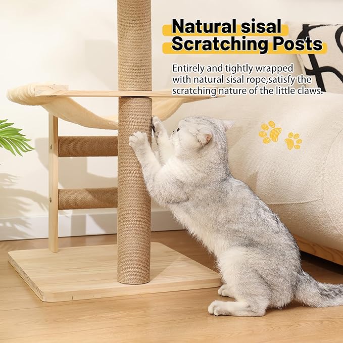 KVIDA Extra-Sturdy Wooden Cat Tree for Large Cats – Modern 3-Level Tower with Hammock, Anti-Tip Sisal Posts & Oversized Perch, Ideal for Indoor Big Cats & Multi-Cat Homes