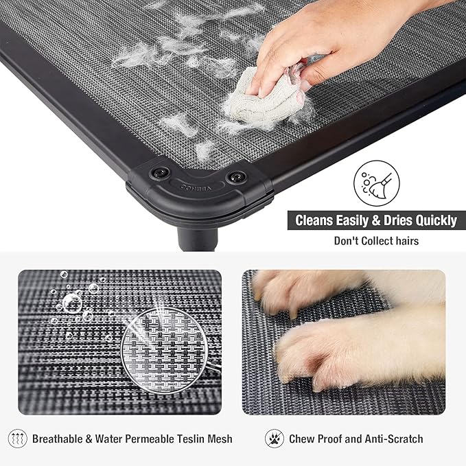 Veehoo Chew Proof Elevated Dog Bed - Cooling Raised Pet Cot - Rustless Aluminum Frame and Durable Textilene Mesh, Unique Designed No-Slip Feet for Indoor or Outdoor Use, Black Silver, Medium