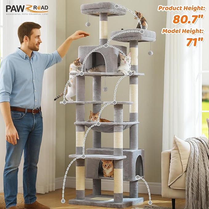 PAWZ Road Heavy Duty Cat Tree for Large Cats, 81 Inches Tall Cat Tower with 2 Perches, 2 Condos and Spacious Hammock, XL Extra Large Condo with 7 Scratching Posts for 20lb+ Adult Cats,Gray