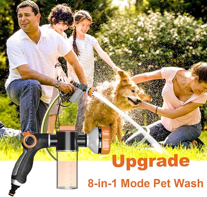 Upgraded Dog Washing Hose Attachment, Dog Shower Attachment, 8-in-1 Mode Dog Shampoo Sprayer with 3.5oz 100cc Soap Dispenser, for Pet Washing Irrigated Lawn Patio Car Cleaning