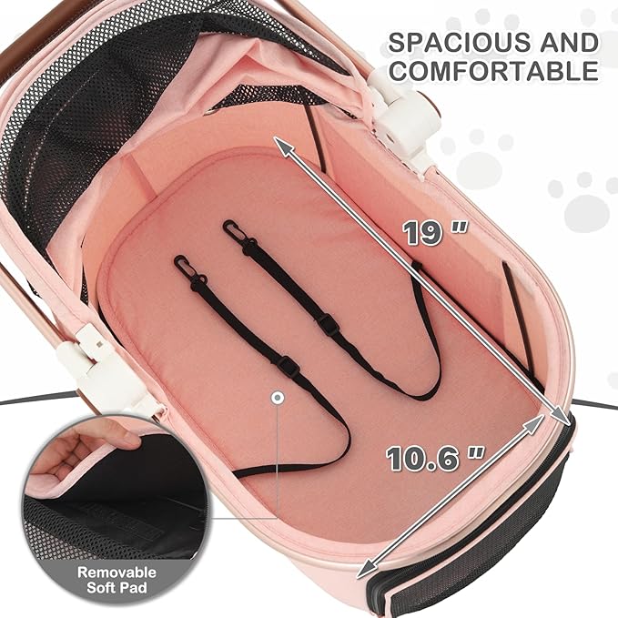 MoNiBloom 3 in 1 Pet Stroller with Adjustable Handle, Jogging Stroller w/Detachable Carrier & Lightweight Aluminum Frame for Dogs Cats, Soft Pink