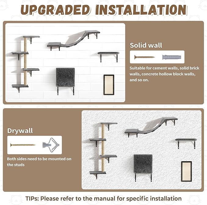 COZIWOW Wall Mounted Cat Furniture, Cat Wall Shelves and Perches, Floating Cat Shelves for Wall Set of 5 (Grey)