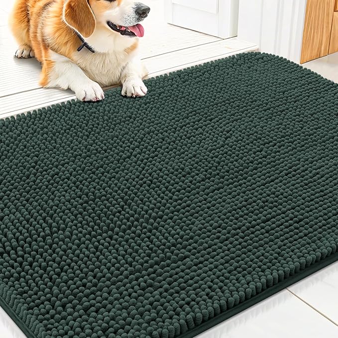 Smiry Dog Door Mat for Muddy Paws 30x20, Absorbs Moisture and Dirt Doormat, Non-Slip Washable Quick Dry Chenille Front Door Mat Indoor Entrance, Entryway Carpet for Inside Floor, Green
