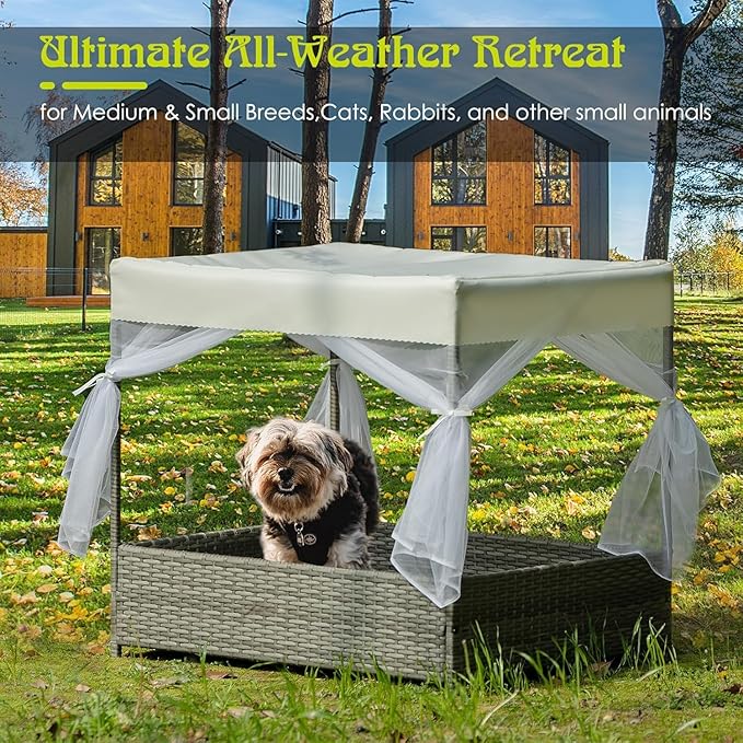 Wicker Dog House Outdoor Indoor with Canopy, Weatherproof Outside Dog Shelter Bed with Cushion, 4Sided Mesh Windows, Pet House Tent Shade for Small Medium Dogs, Rattan Dog Cot for Patio Yard Gray