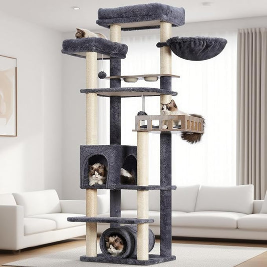 Cat Tree with Tunnel, Cat Tower for Indoor Cats, Tall Cat Tree Tower with Cat Condo, Food Station, Large Platform, Scratching Posts, Hammock, Smoky Gray GCT021G