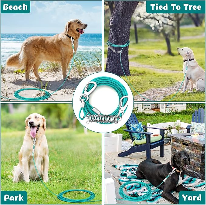 Tie Out Cable for Dogs, 15FT Dog Leads for Yard Chew Proof, Heavy Duty Dog Tie Out Cable with Shock Absorbing Spring for Large Dogs Up to 125lbs, Durable Dog Runner for Yard or Camping