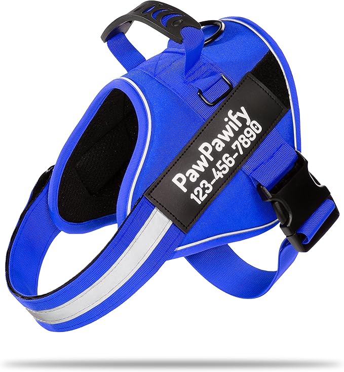 PawPawify Custom No Pull Dog Harness with Name and Phone Number, Heavy Duty Personalized Pet Vest to Prevent Tugging, Pulling, or Choking, Training and Walking (New Blue, XS (5-9LBS))