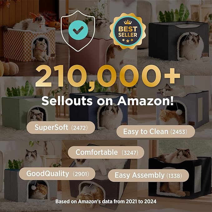 Bedsure Cat Beds for Indoor Cats - Large Cat Cave for Pet Cat House with Fluffy Ball Hanging and Scratch Pad, Foldable Cat Hideaway, 16.5x16.5x13 inches, Loden Green