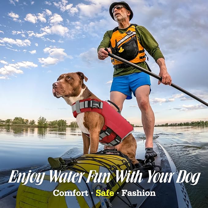 Pawaboo Dog Life Jacket, Reflective Dog Safety Vest Adjustable Pet Life Preserver with Strong Buoyancy & Sturdy Rescue Handle, Ripstop Dog Lifesaver Vests for Swimming, Boating, L, Red