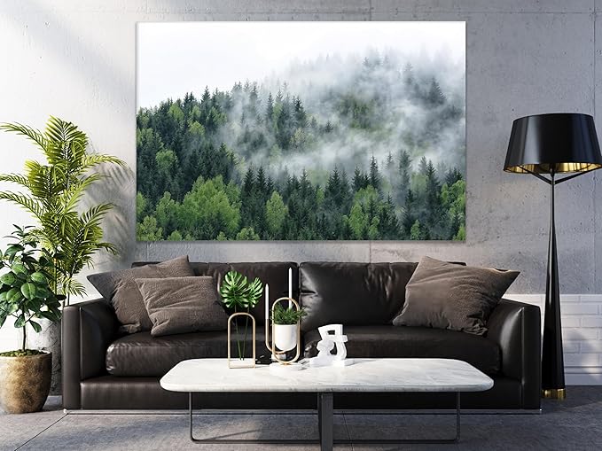 Nature Wall Art Prints - Ocean Forest Mountain Lake Canvas Landscapes - Small to Extra Large Living Room Bedroom Kitchen Bathroom Décor (Pine Trees in Fog, 28L" x 41W")