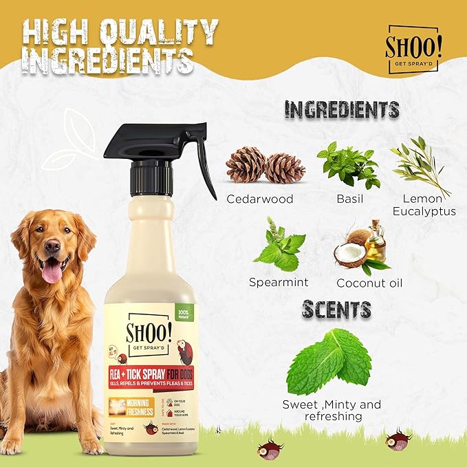 Shoo! Flea & Tick Spray for Dogs and Home | Plant Based, Natural Oils, Chemical Free Formula | Kills, Repels, Prevents | 16 oz (Morning Freshness)