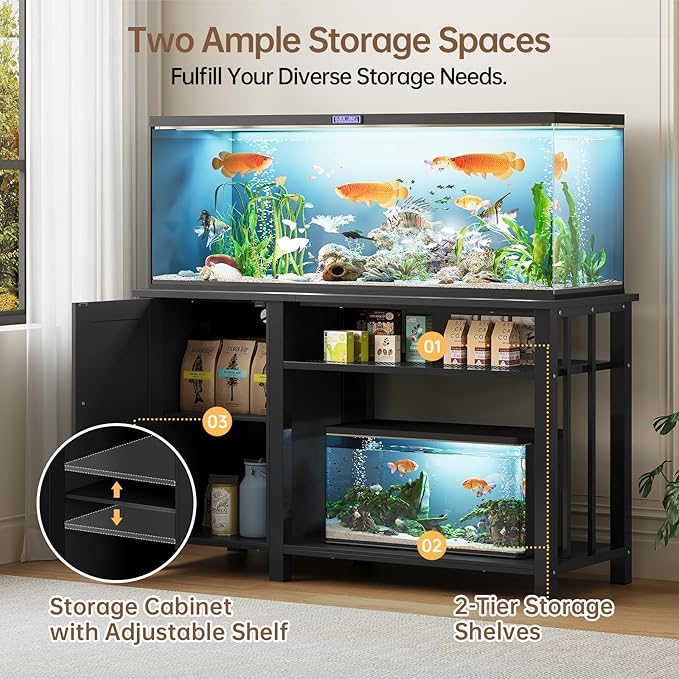 55-75 Gallon Aquarium Stand with Power Outlet, Heavy Duty Fish Tank Stand with Cabinet Storage & Adjustable Shelf, for Fish Tank, Turtle Tank, Reptile Terrarium, 1000LBS Capacity, Black