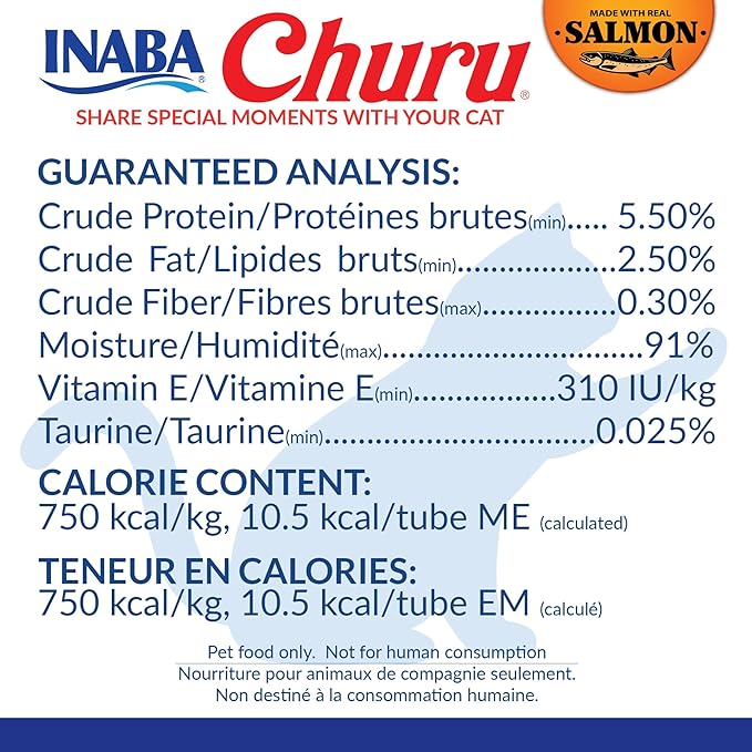 INABA Salmon Churu Cat Treats, Lickable, Squeezable Creamy Purée Cat Treat with Green Tea Extract & Taurine, 0.5 Ounces Each Tube, 10 Tubes, Salmon & Tuna Variety